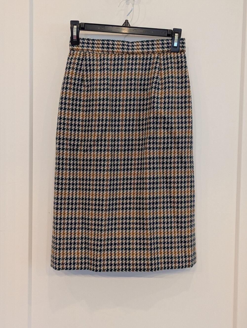 Vtg 70s Koret Houndstooth Wool Sz8 Knee Length Pencil Skirt Old Money Academia